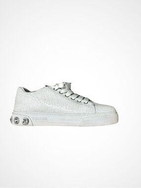 Miu Miu Off-White Cracked Leather Sneaker w/ Rhinestones Sz 37 1/2